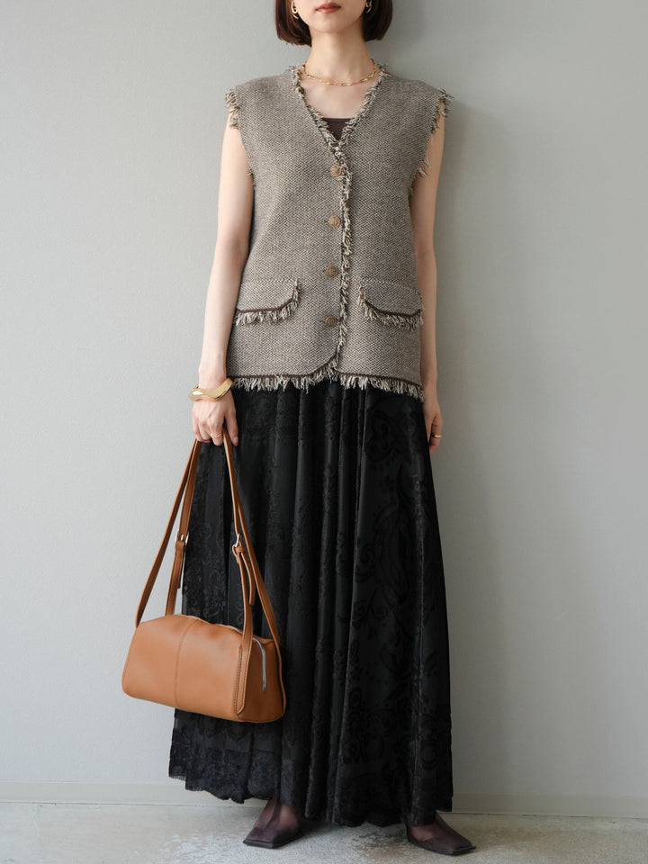 [予約]アンティーク柄フロッキーマキシスカート/ブラック