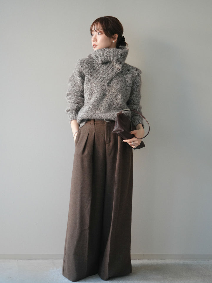 [予約]ウールタッチベルト付ワイドパンツ/brown