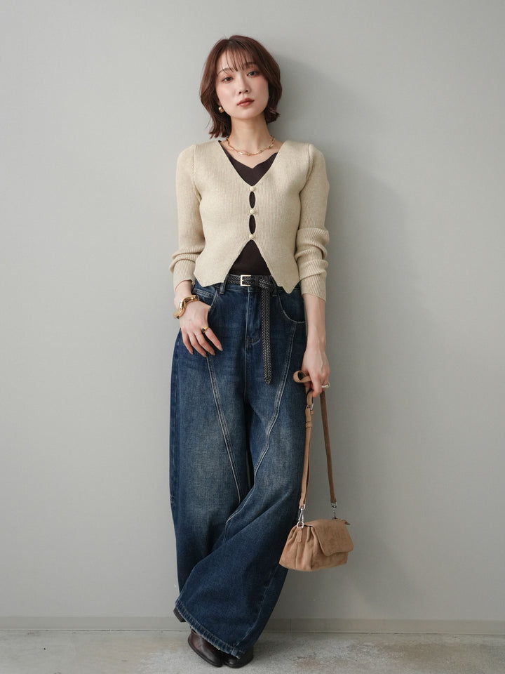 [予約]Vネック配色レイヤードスリットニットトップス/beige