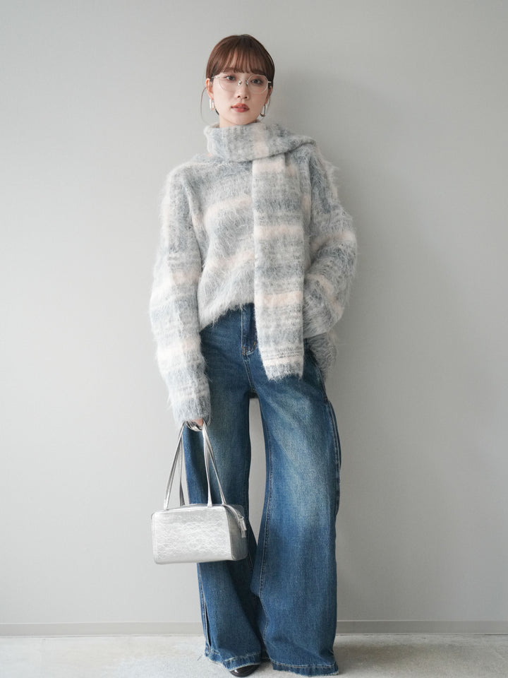 [予約]ストール付シャギーマルチボーダーニットプルオーバー/gray
