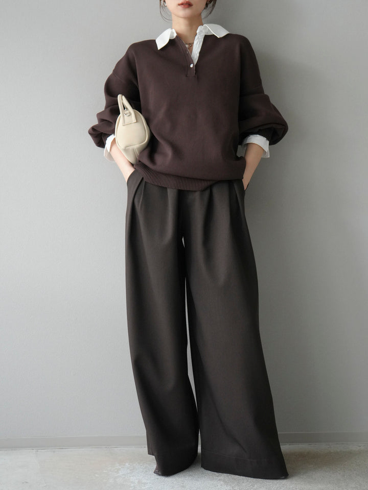 【SET】翻領polo針織套衫+雙褶闊腿褲（2件組）