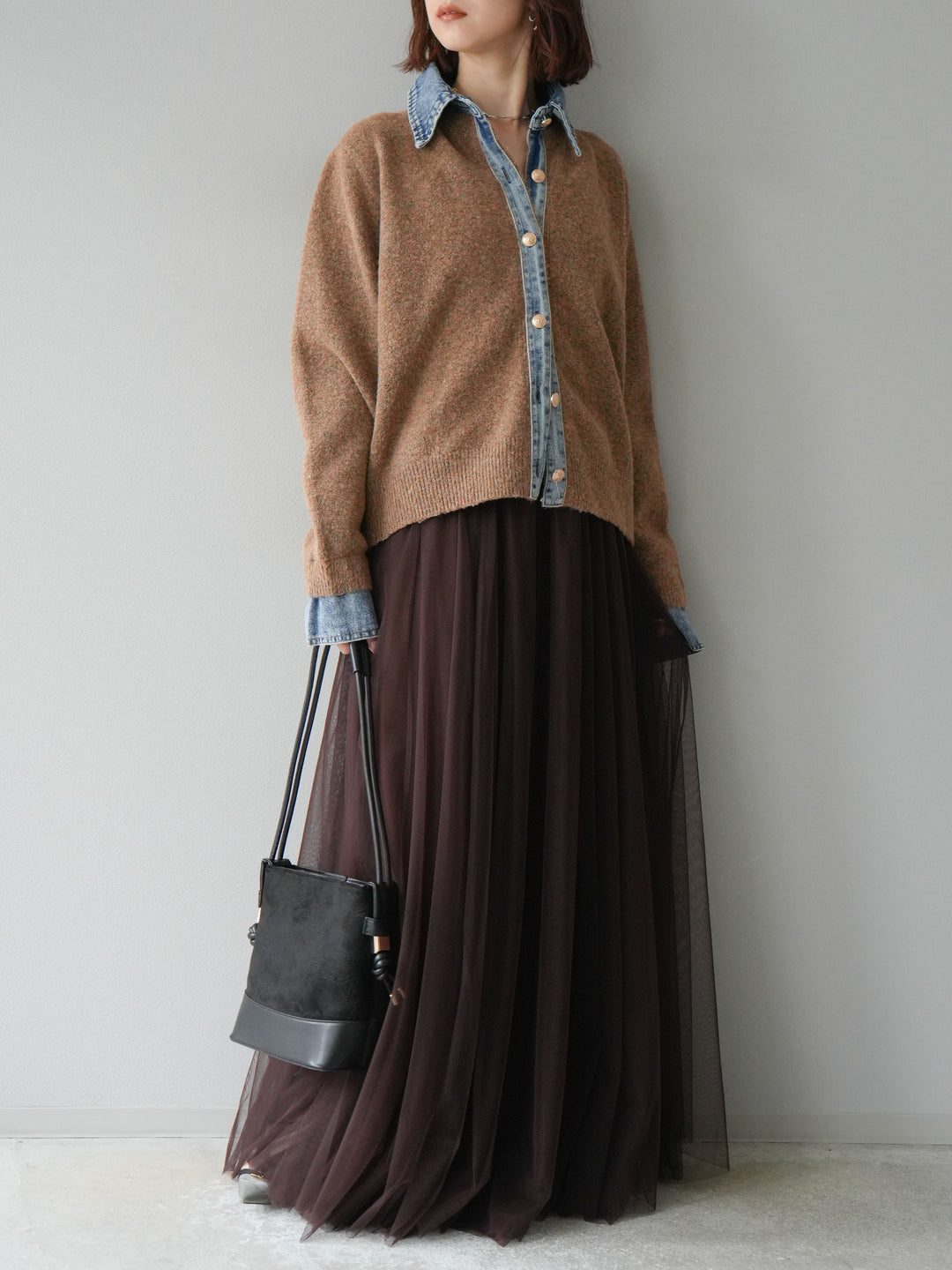 [SET]デニム襟ボタンニットカーディガン+チュールボリュームスカート(2set)