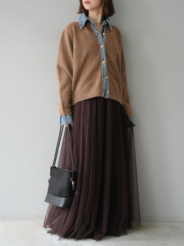[SET]デニム襟ボタンニットカーディガン+チュールボリュームスカート(2set)