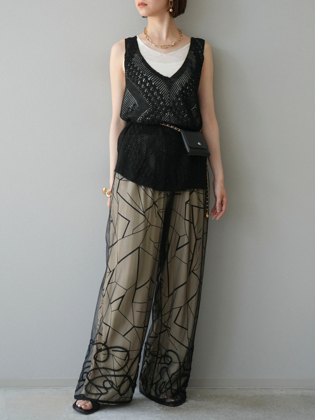 [予約]ビスコースサテンプリントタックイージーパンツ/ベージュ