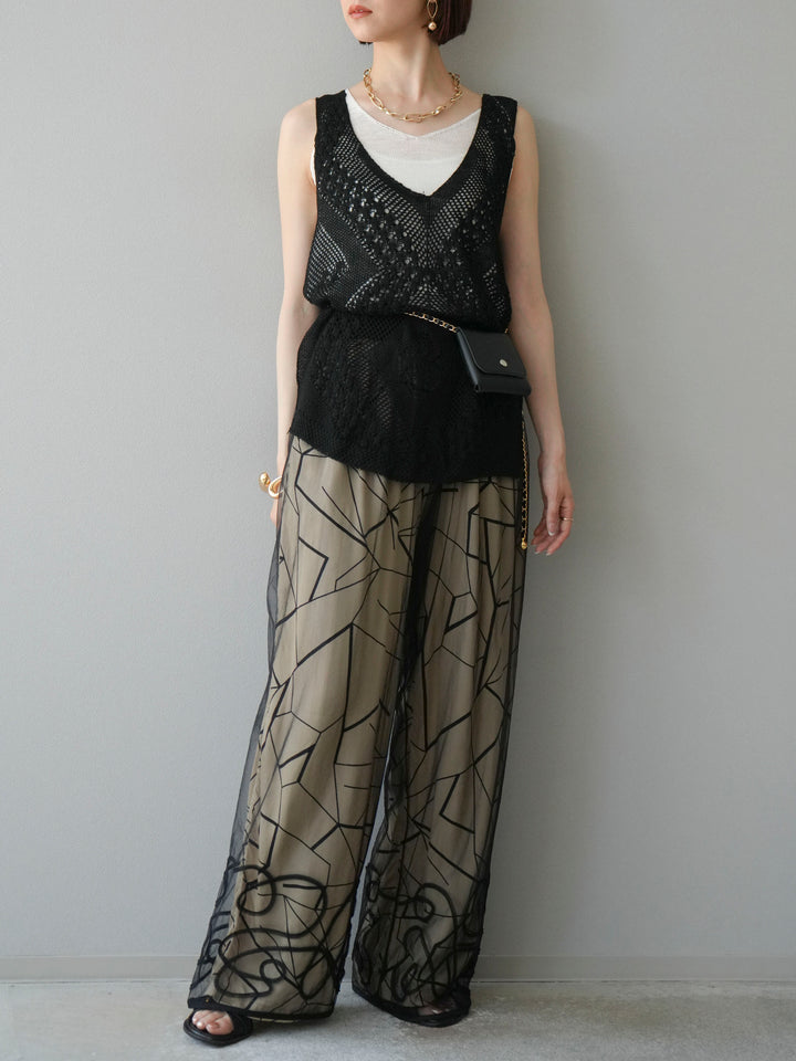 [予約]ビスコースサテンプリントタックイージーパンツ/ベージュ