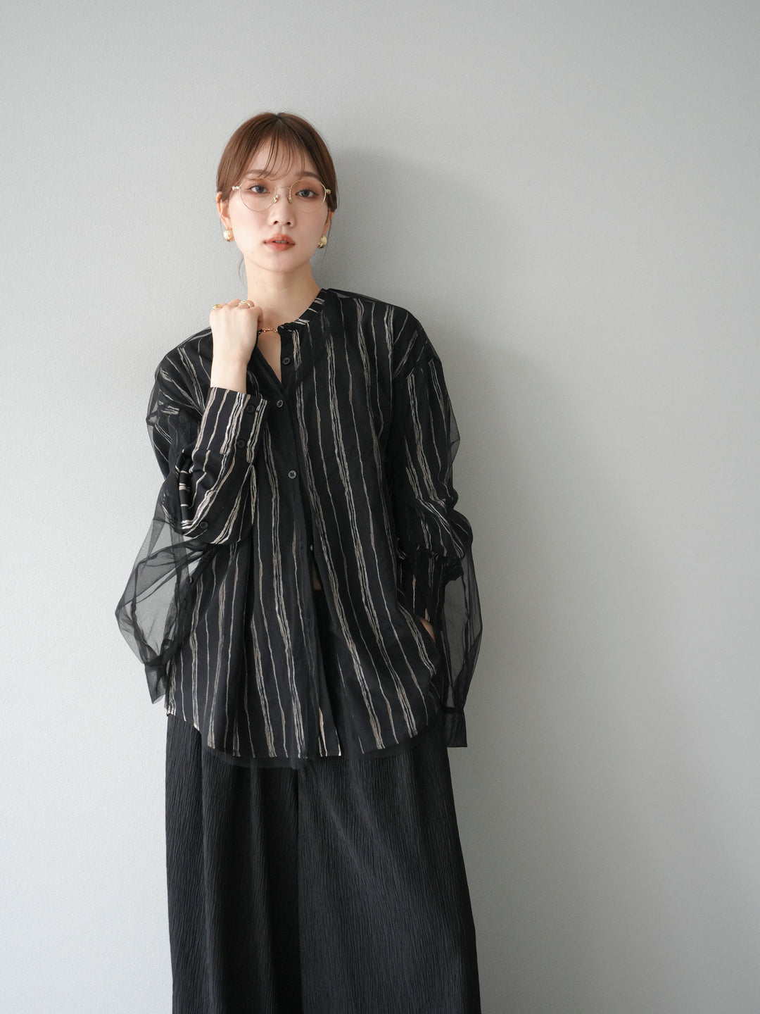 [予約]2WAYスリーブチュールシャツ/ブラック