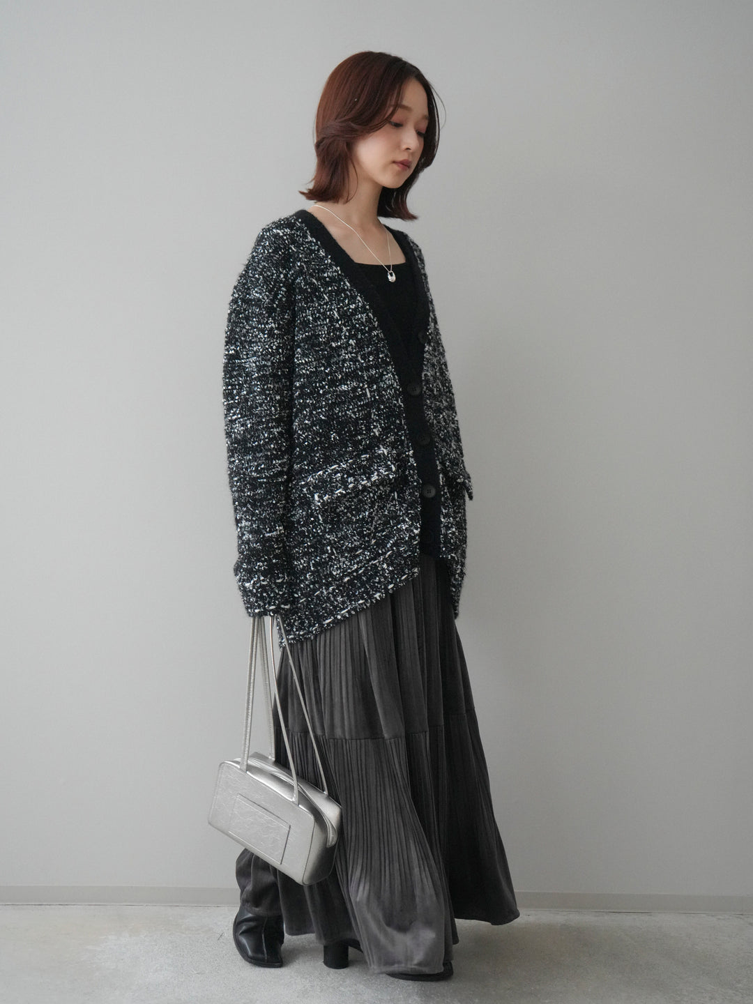 [SET]モールネップニットカーディガン+ベロアティアードワッシャースカート(2set)