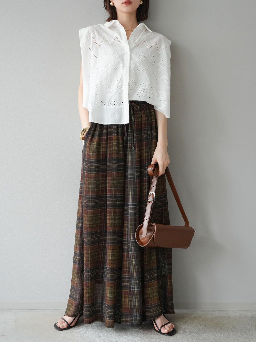 [預購] 透視格紋寬鬆褲/棕色