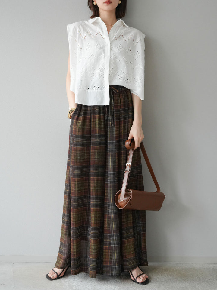 [預購] 透視格紋寬鬆褲/棕色