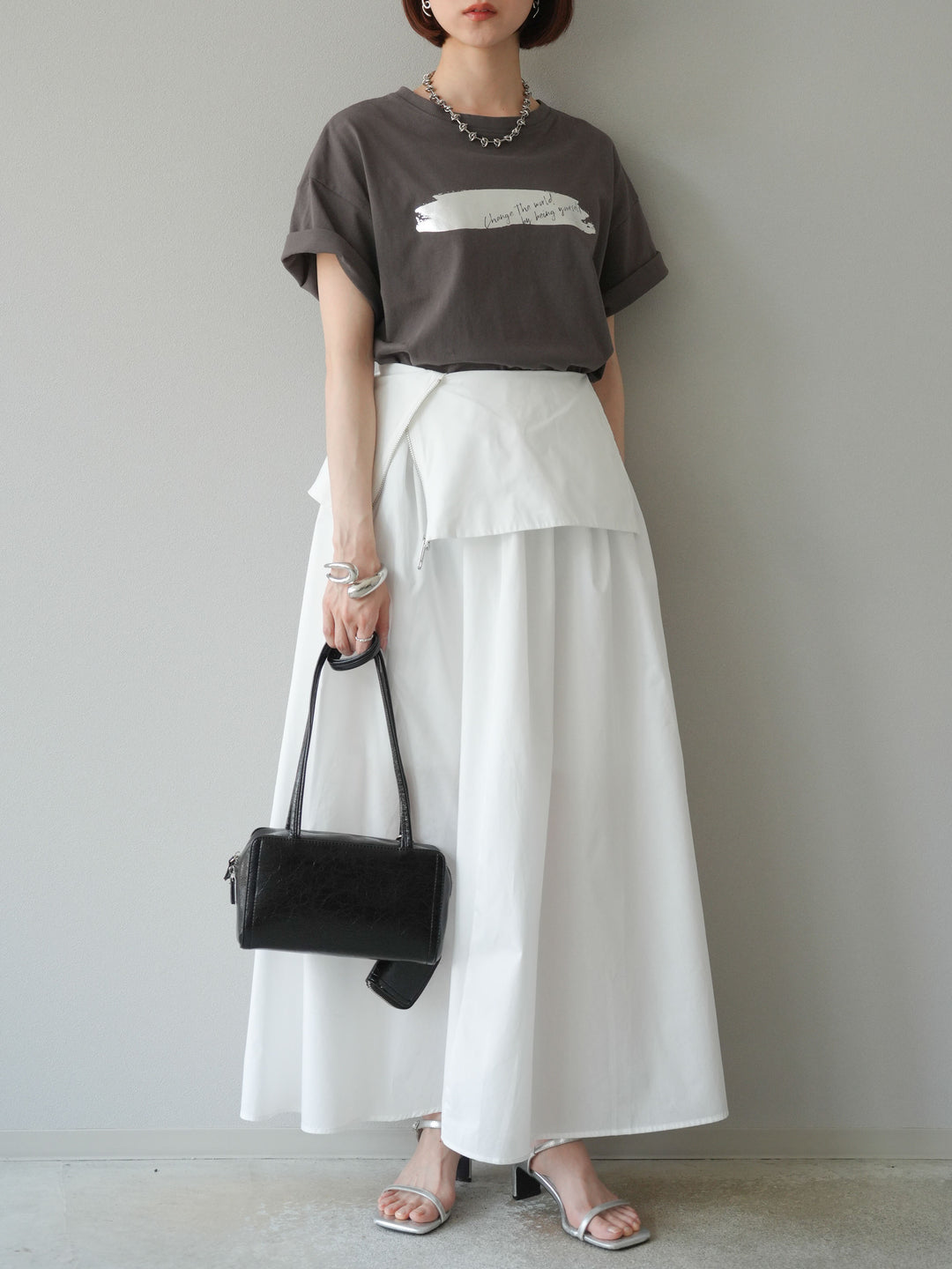 [予約]レイヤードジップデザインブロードフレアスカート/ホワイト