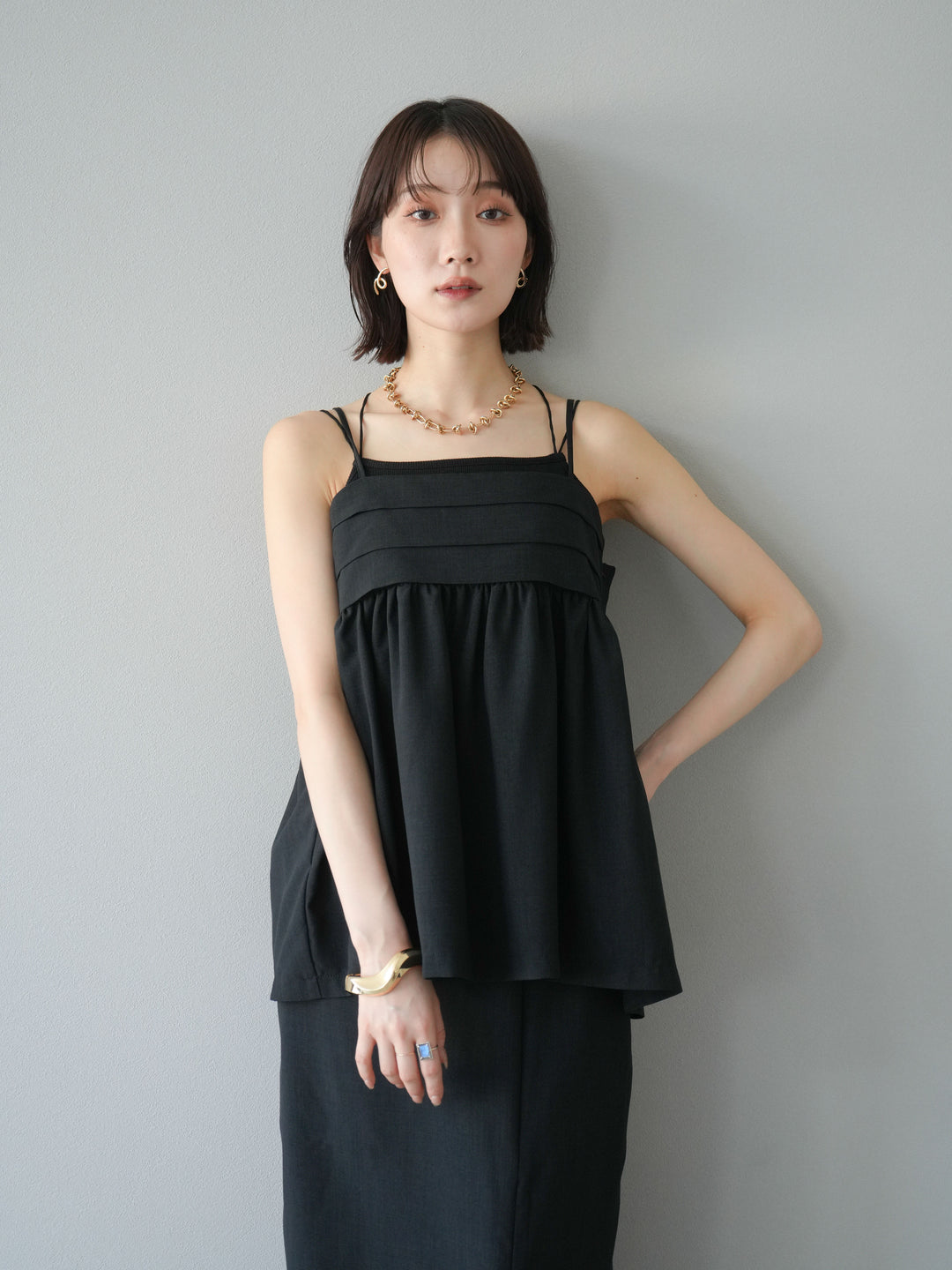 [予約]リネンライクビスチェデザインキャミソール/ブラック