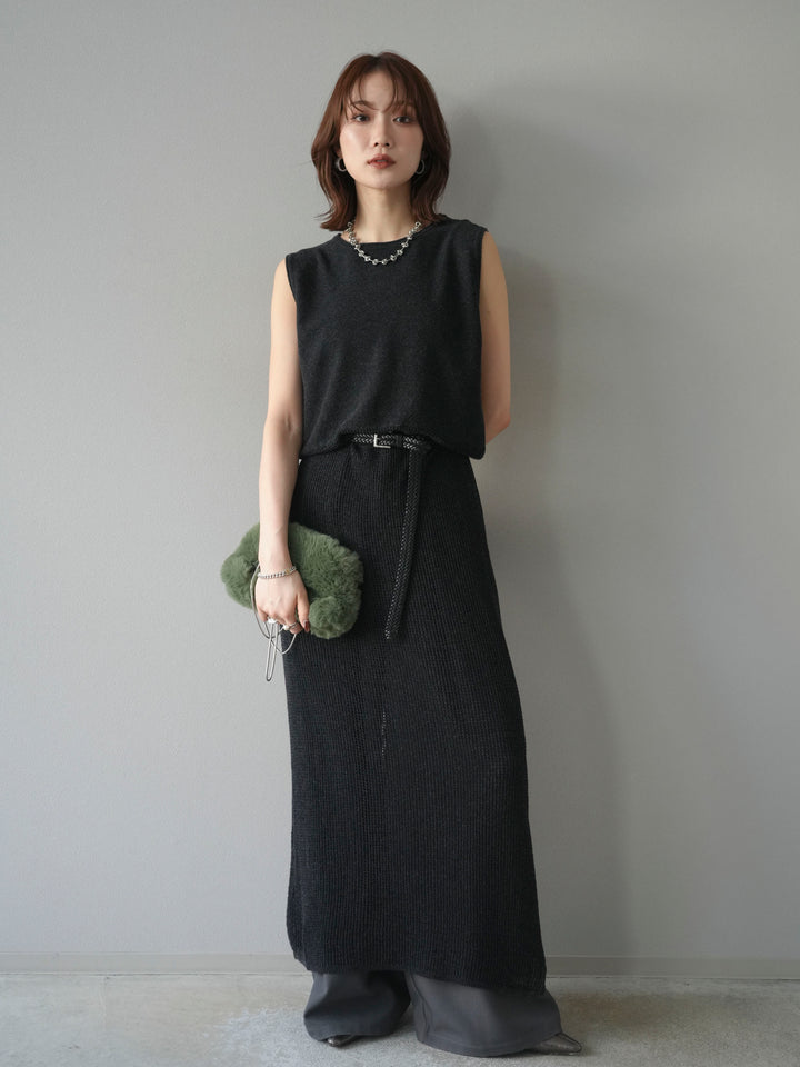 [予約]メッシュ切替ノースリーニットワンピース/darkgray