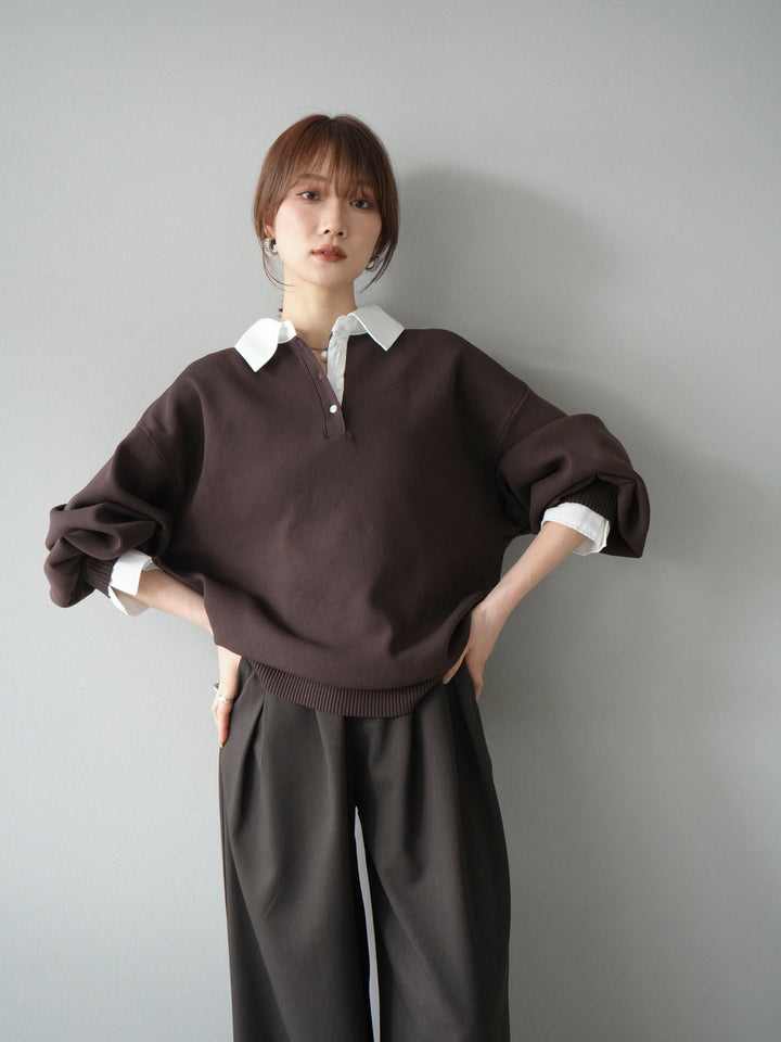 【SET】翻領polo針織套衫+雙褶闊腿褲（2件組）