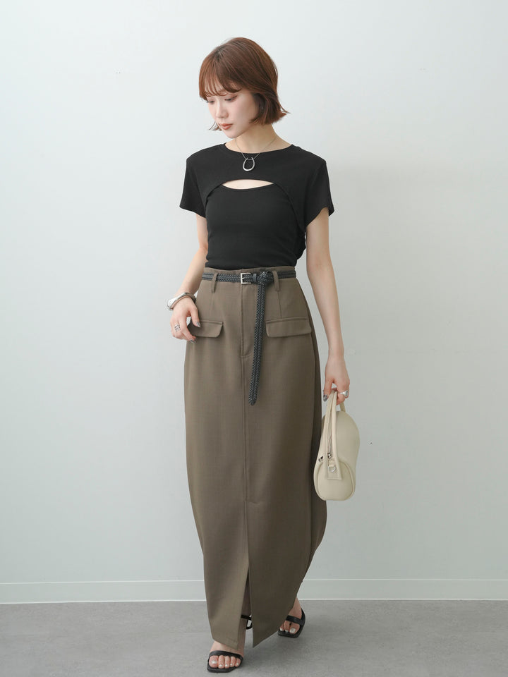 [SET]フロントオープンレイヤードトップスセット+クレープデシンフラップ付きストレートスカート(2set)