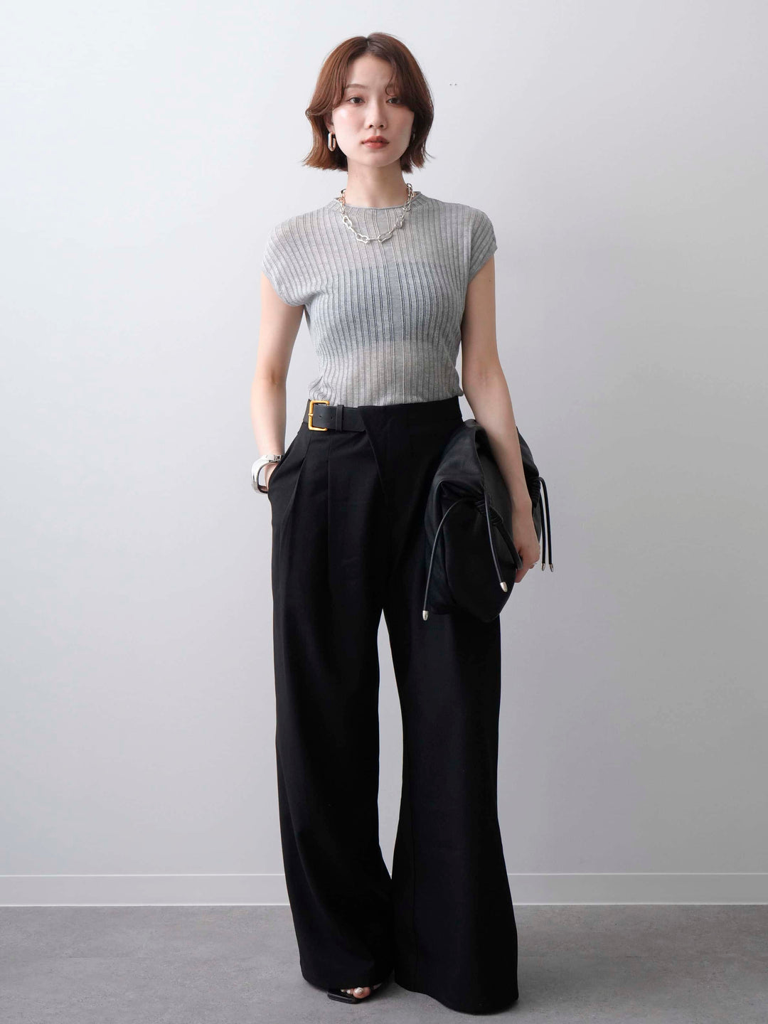 [予約]シアーリブフレンチニットトップス/grey