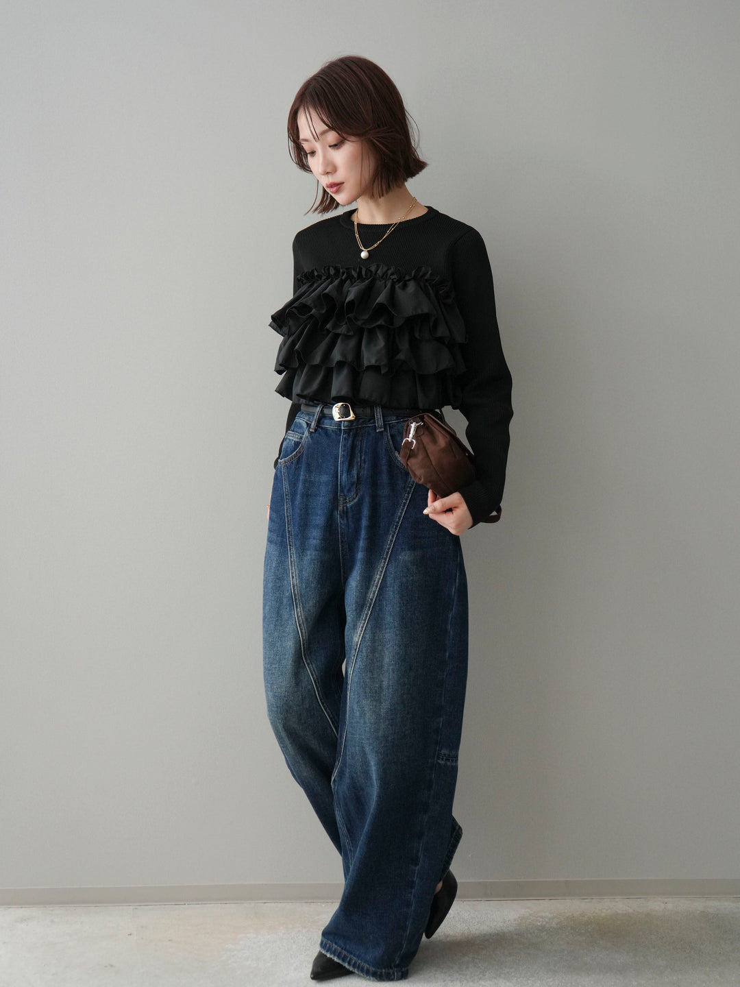 [SET]フリルビスチェドッキングスポンジニットプルオーバー+裏起毛加工デニムカーブパンツ(2set)