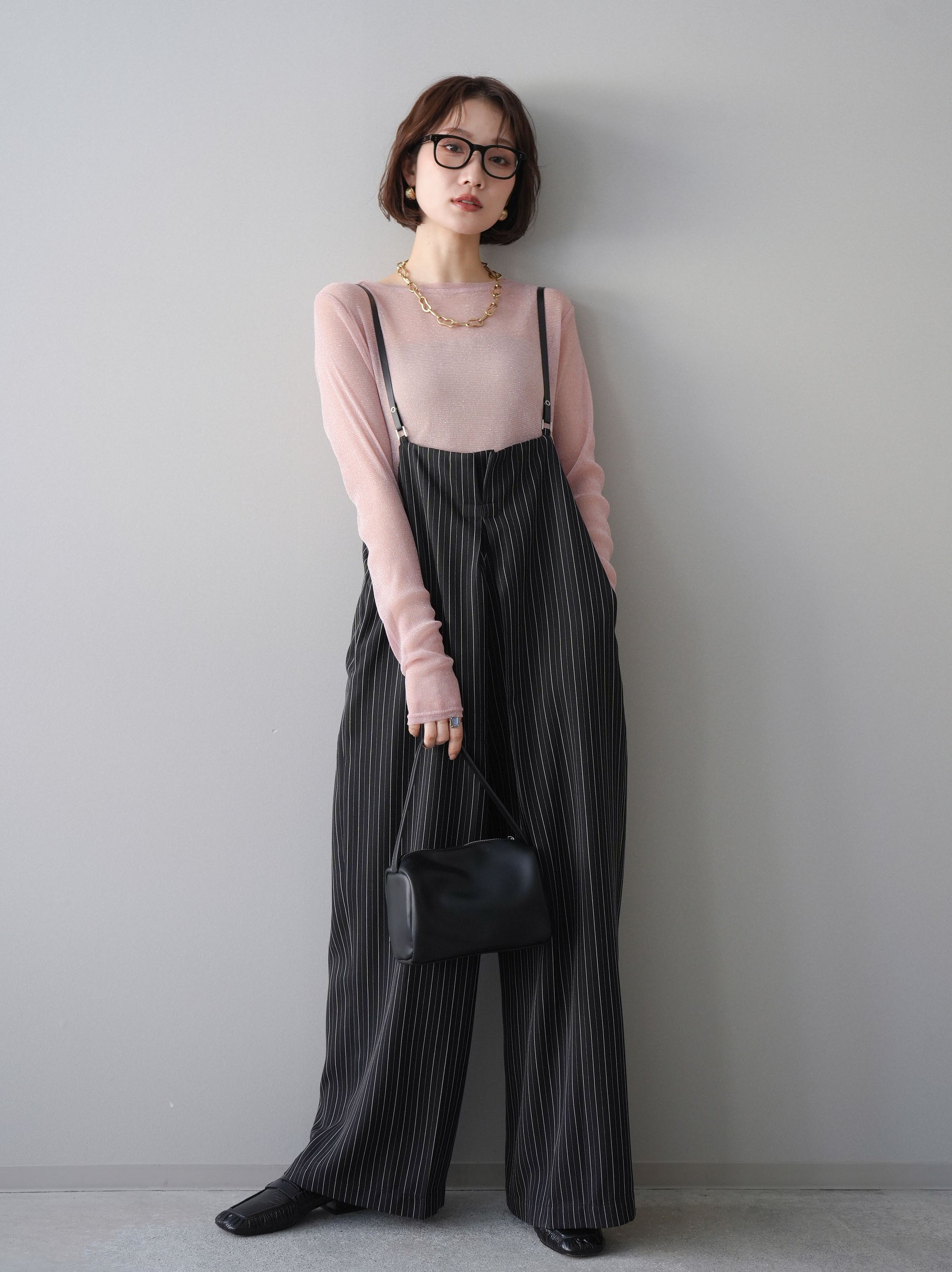 予約]ヘリンボーンストライプサス付サロペット/black – Lumier