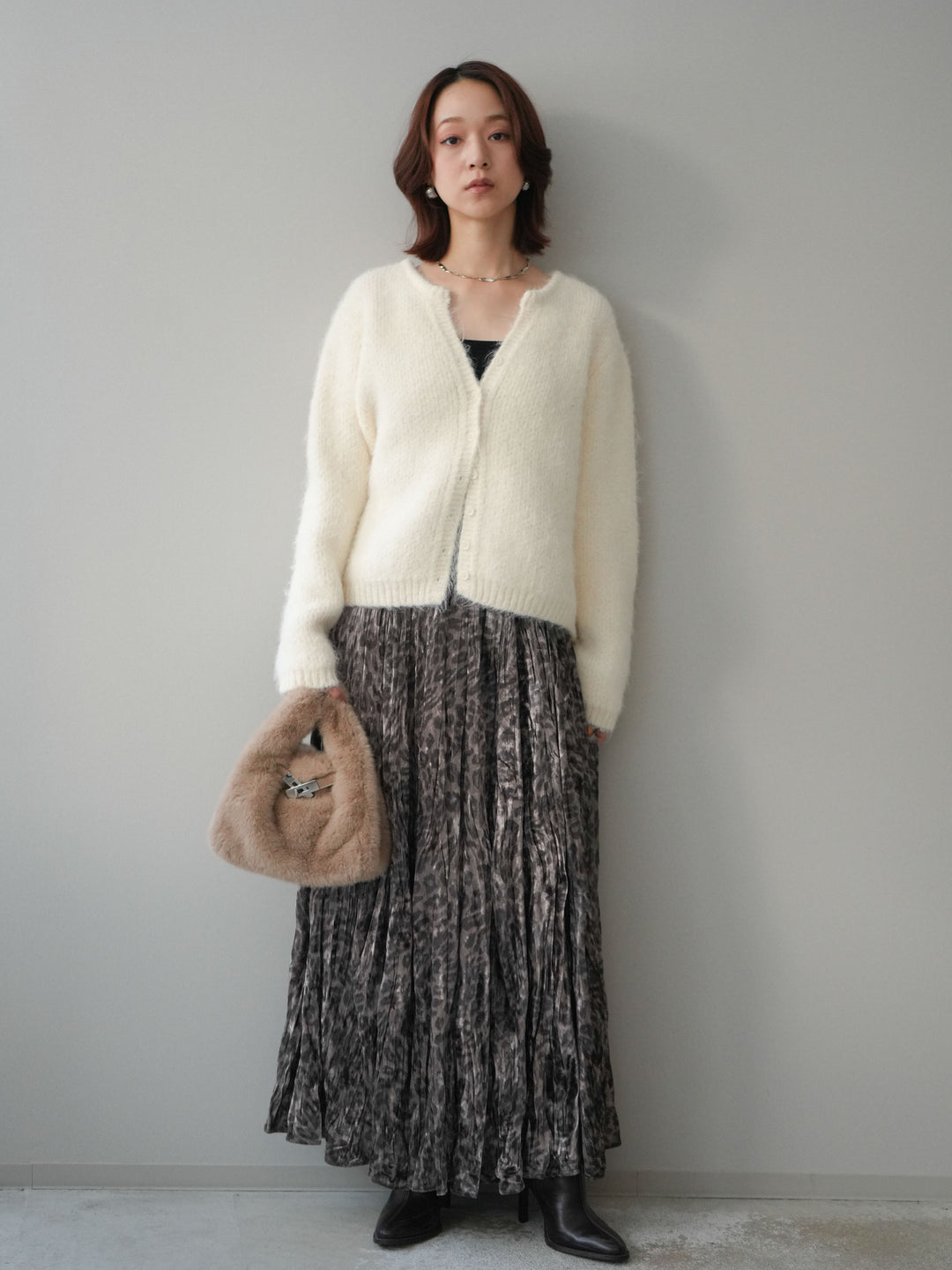 [予約]レオパードベロアワッシャーロングスカート/gray