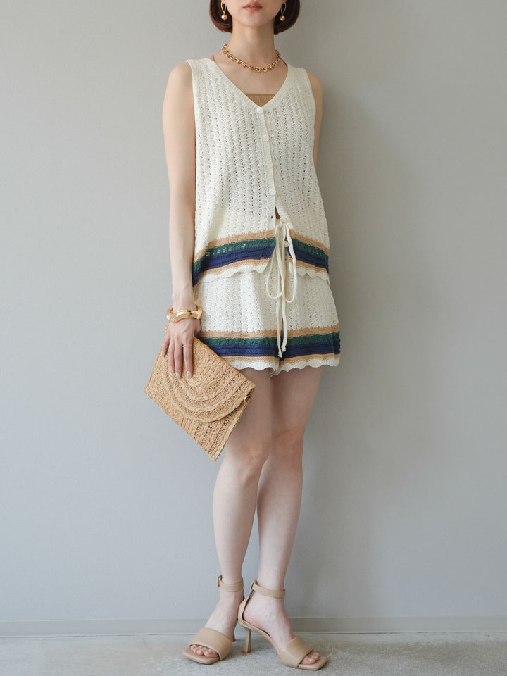 [SET]裾マルチボーダーニットベスト＆ショートパンツ SET UP(2set)