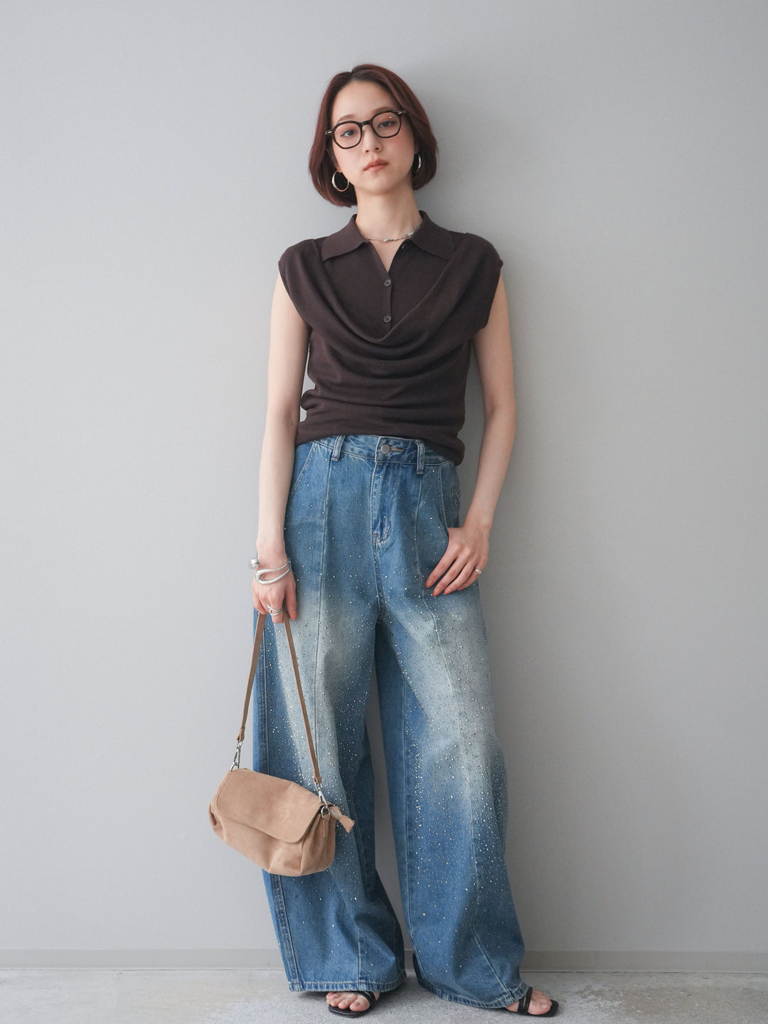 [SET]ノースリーブドレープニットトップス+フロントビジューカーブデニムパンツ(2set)