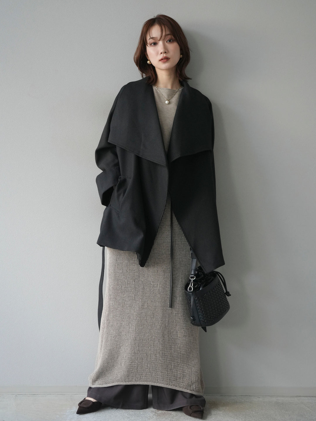 [予約]メッシュ切替ノースリーニットワンピース/beige