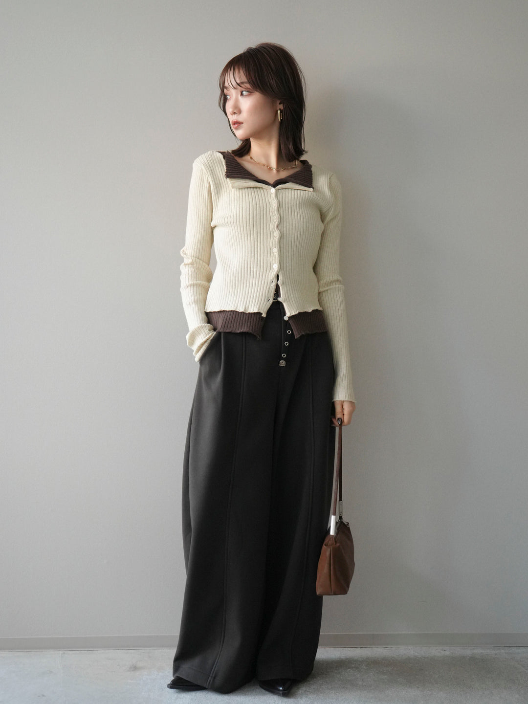 [予約]配色レイヤードリブニットカーディガン/ivory