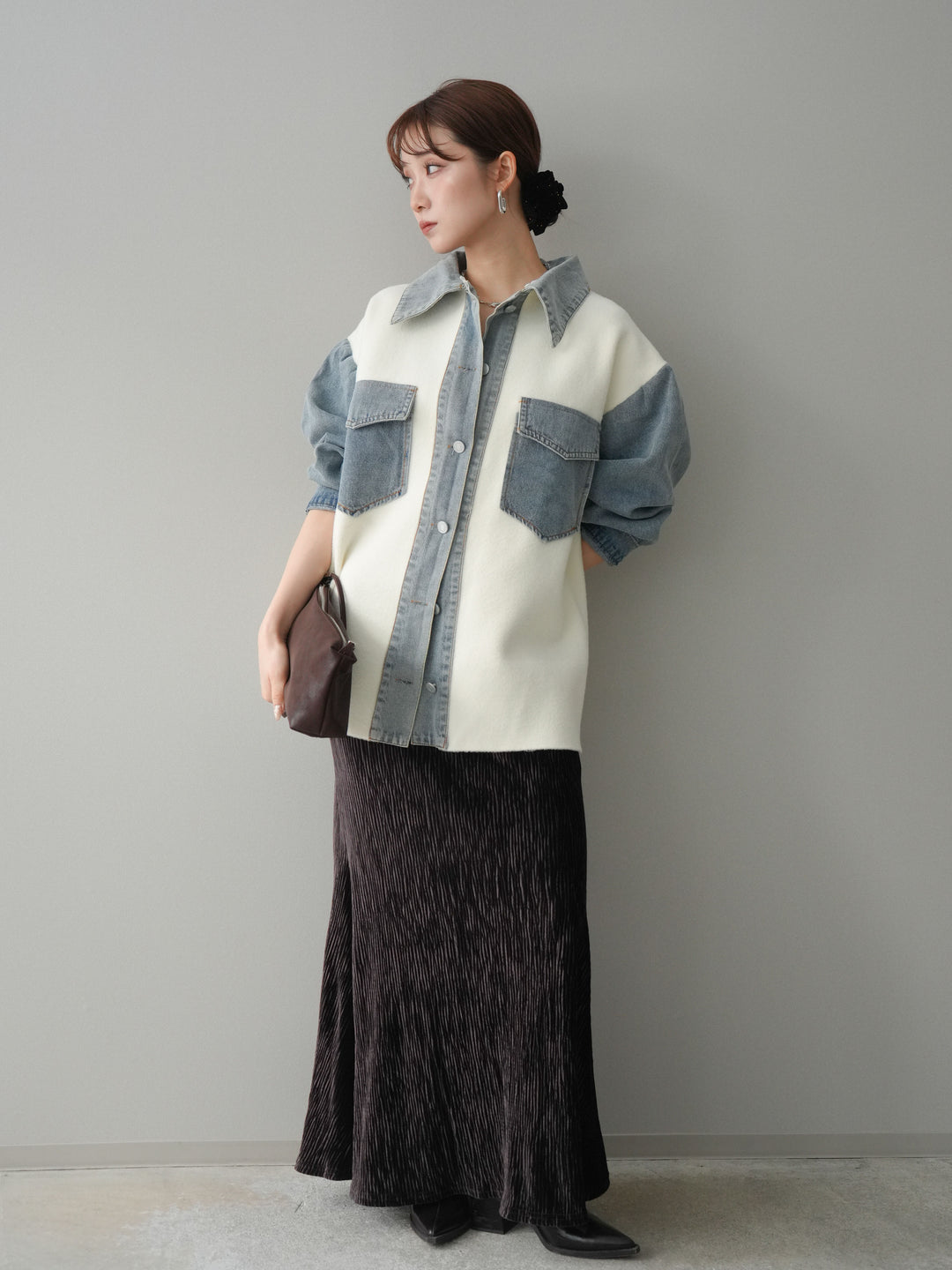 [予約]デニム襟ダブルフェイスニットカーディガン/white