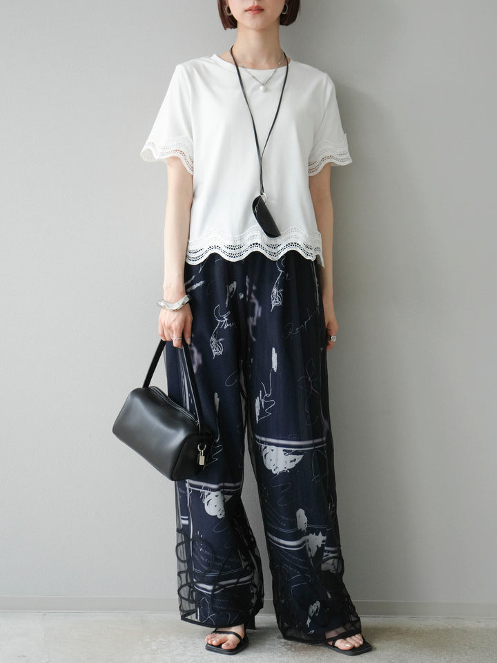 [SET]コード刺繍チュールレイヤードパンツ+ペイント柄タックパンツ(2set)