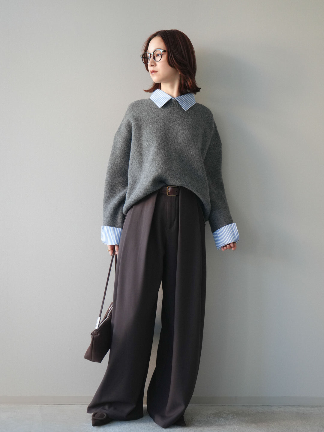 [SET]2WAYストライプ襟ニットプルオーバー+ベルトループデザインワイドパンツ(2set)
