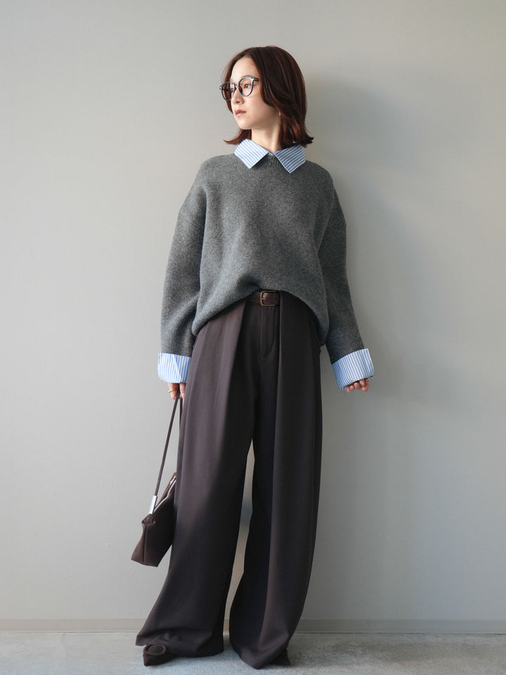 [SET]2WAYストライプ襟ニットプルオーバー+ベルトループデザインワイドパンツ(2set)
