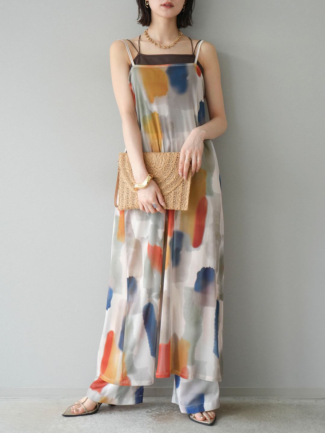 [SET]水彩アートシアーキャミワンピース+水彩アートイージーパンツ(2set)