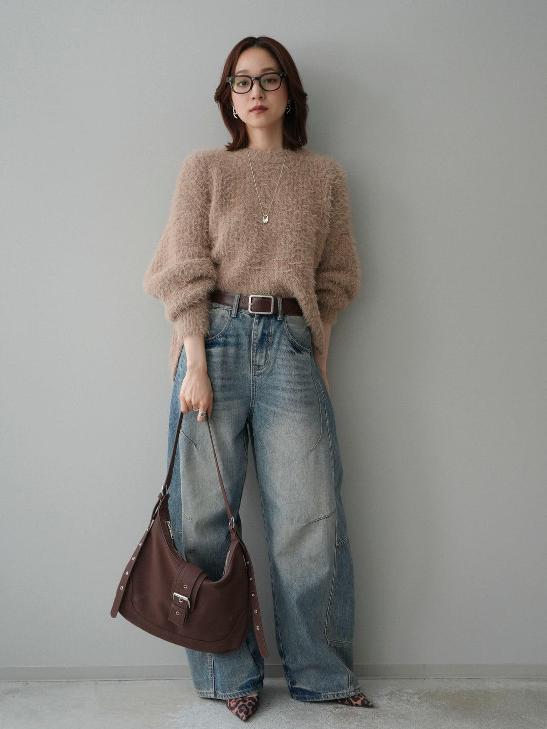 [SET]ボリュームスリーブシャギー MIXニットプルオーバー+ベルト付カーブデニムパンツ(2set)