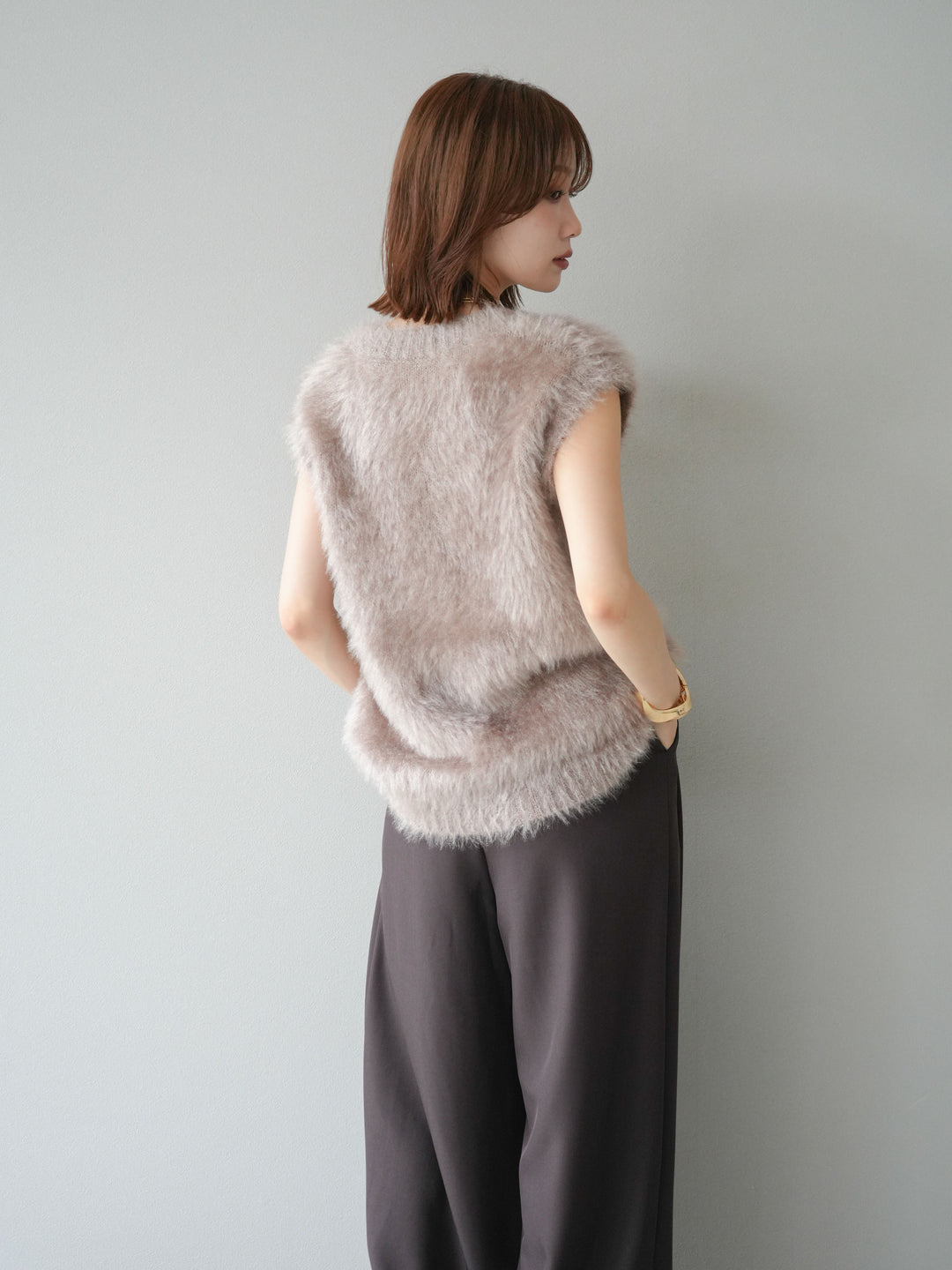 【預購】Lame Shaggy V領針織背心/灰米色