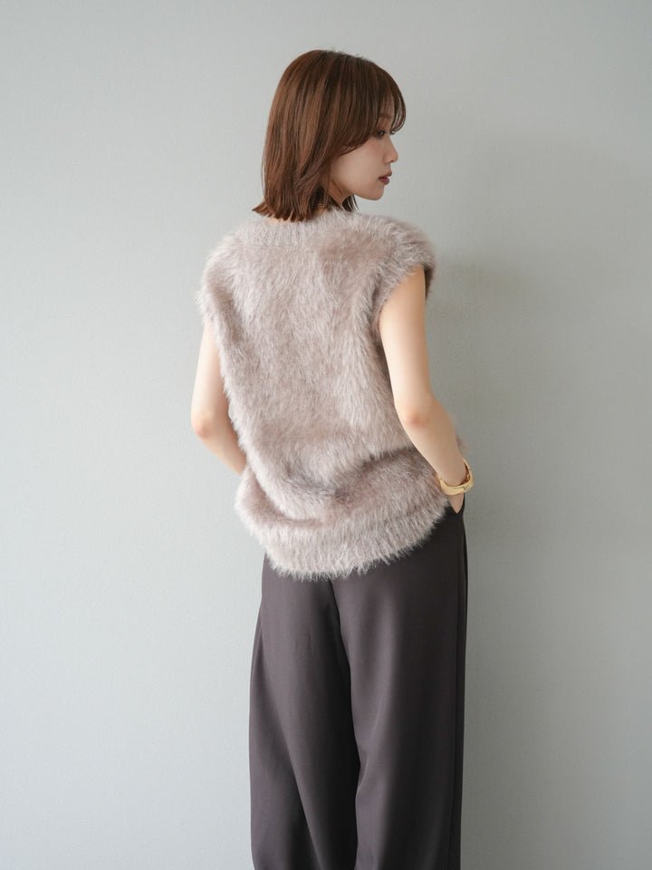【預購】Lame Shaggy V領針織背心/灰米色