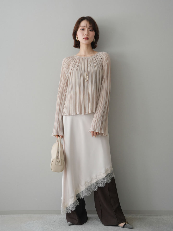 [予約]サテンライクアシメレーススカート/beige