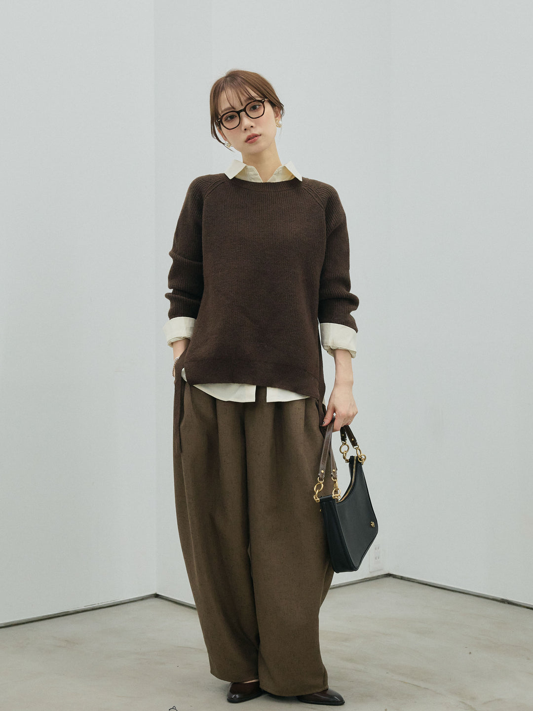 [予約]サイドスリット畦編みニットプルオーバーシャツアンサンブル/brown