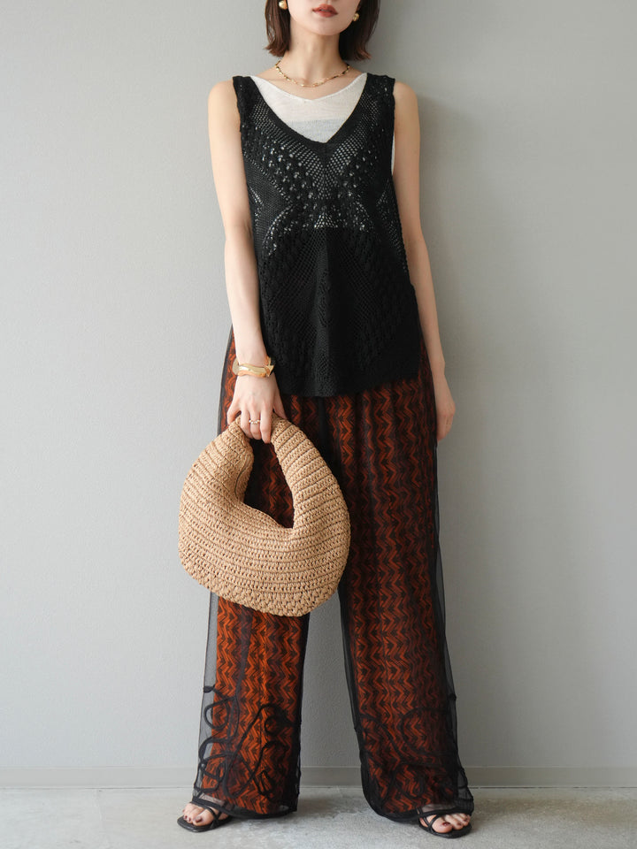 [予約]レーヨンフレックススラブウェーブ柄ストレートパンツ/オレンジ