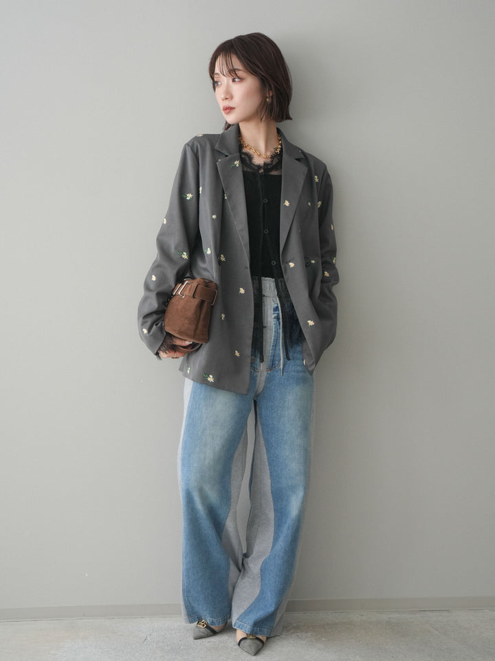 [予約]フラワー刺繍テーラードジャケット/gray
