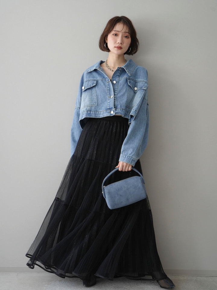 [予約]ラメプリーツレイヤードチュールロングスカート/black