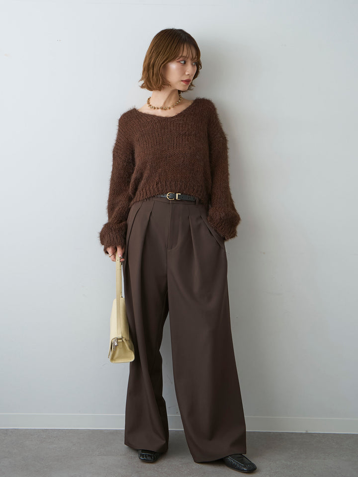[予約]Vネックシャギークロップニットトップス/brown