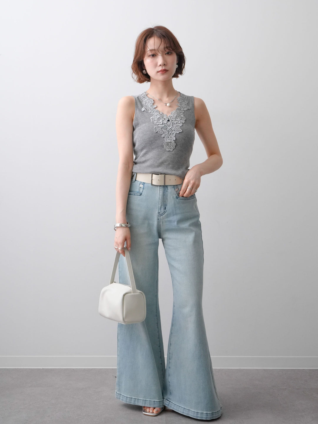 [SET]フラワーレースVネックリブニットタンクトップ+選べるアクセセット(2set)