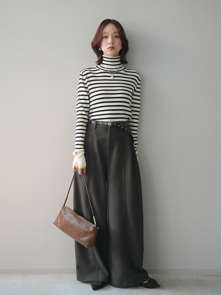 [SET]袖配色ハイネックボーダーリブニットトップス+ベルト付き裏起毛ワイドパンツ(2set)