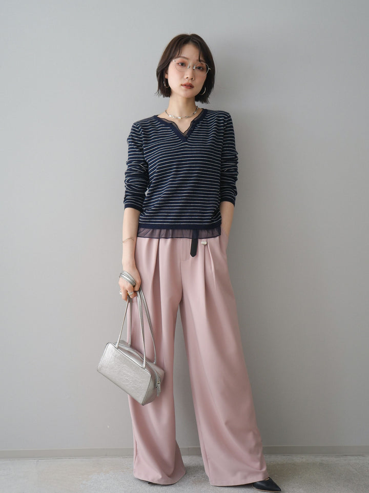 [SET]チュールレイヤードデザインボーダーニットトップス+選べるアクセセット(2set)