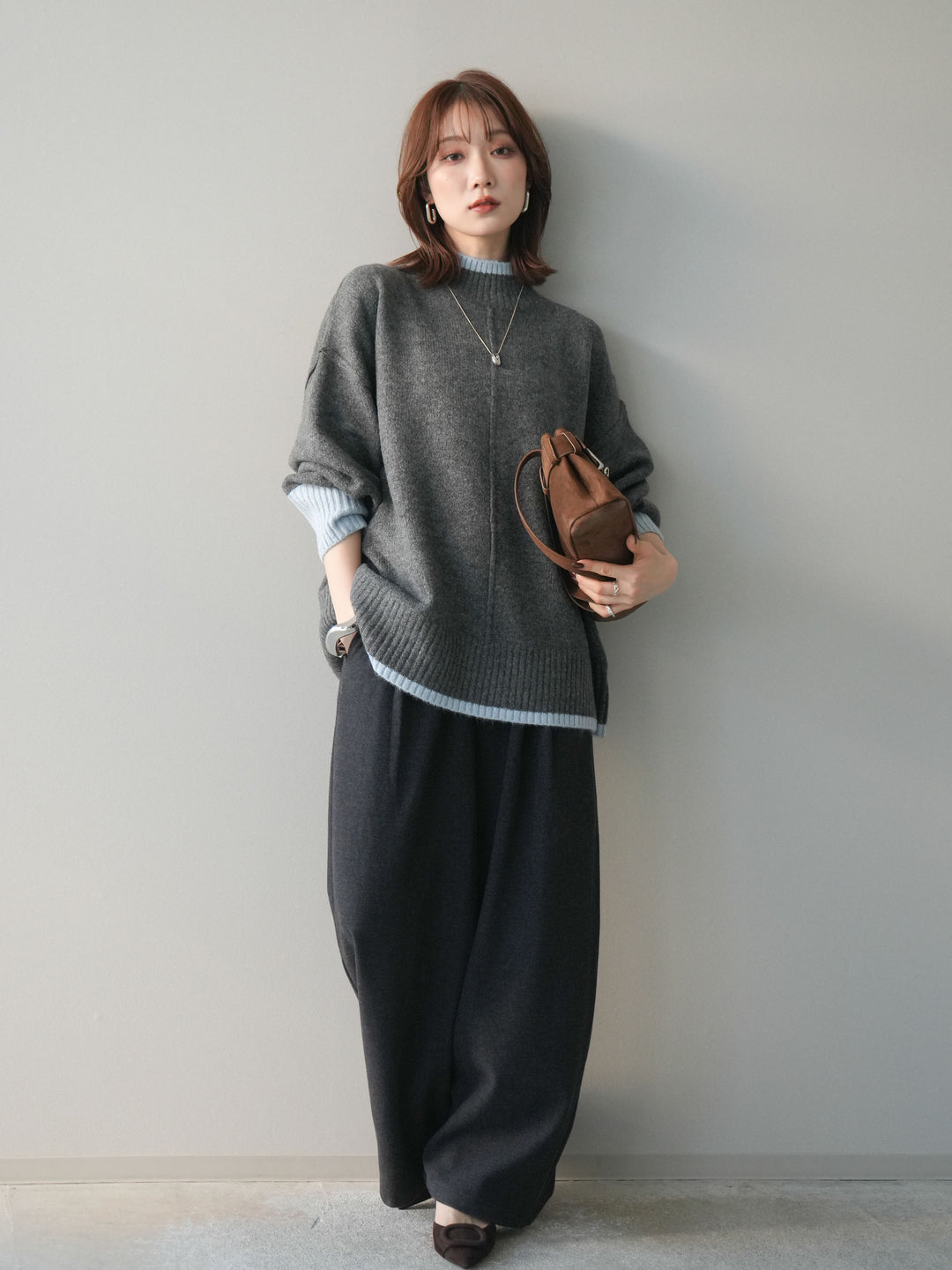 [SET]配色ハイネックニットプルオーバー+アニマル柄ベルト付きウールタッチワイドパンツ(2set)