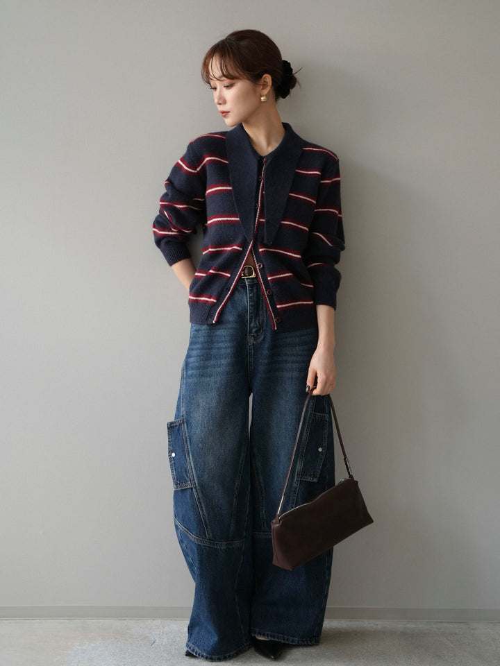 [予約]ボウタイボーダーニットカーディガン/navy