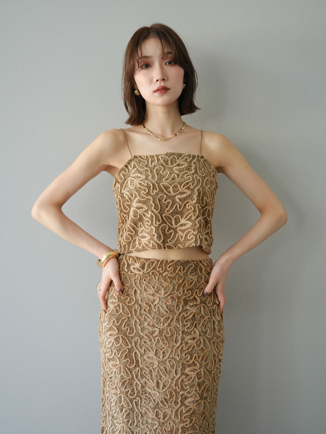 [予約]パイピングフラワーシアーベロアキャミソール/ベージュ