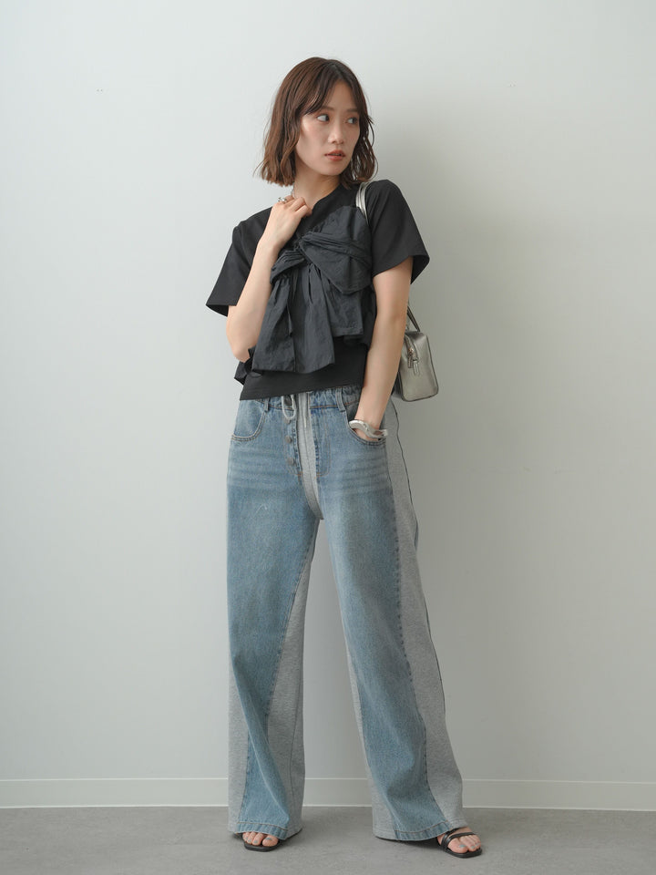 [SET]ナイロンドッキングツイストTEE +デニム切替スウェットパンツ(2set)