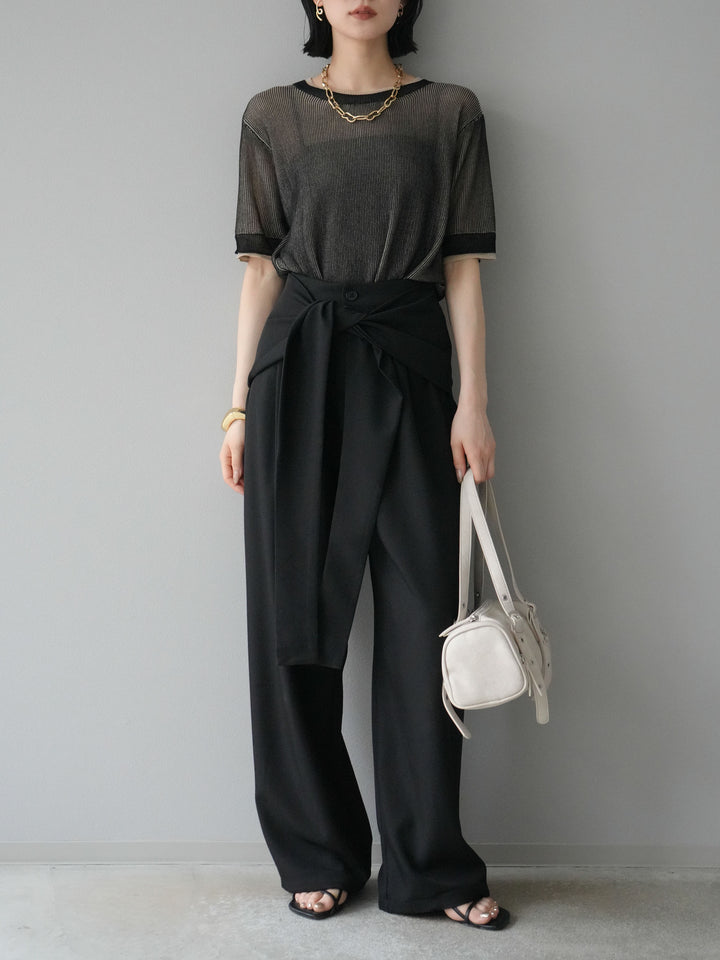 [SET]リネンタッチ配色二重臼ハーフニットトップス+ウエスト巻きデザインワイドパンツ(2set)