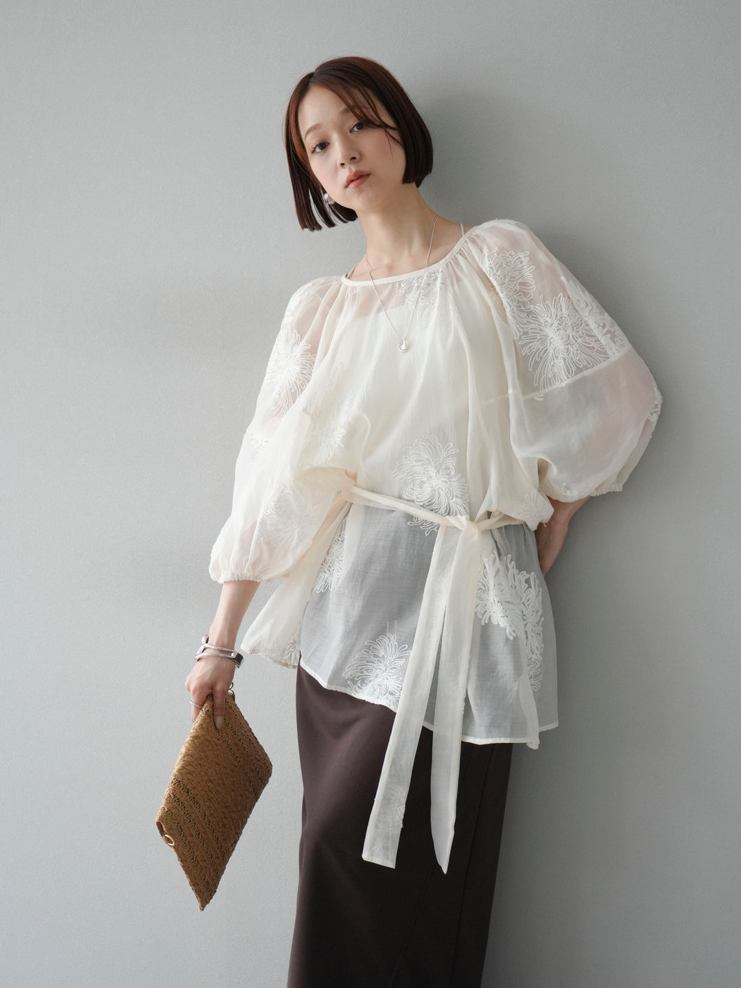 [SET]刺繍シアーバルーンスリーブブラウス+選べるアクセセット(2set)