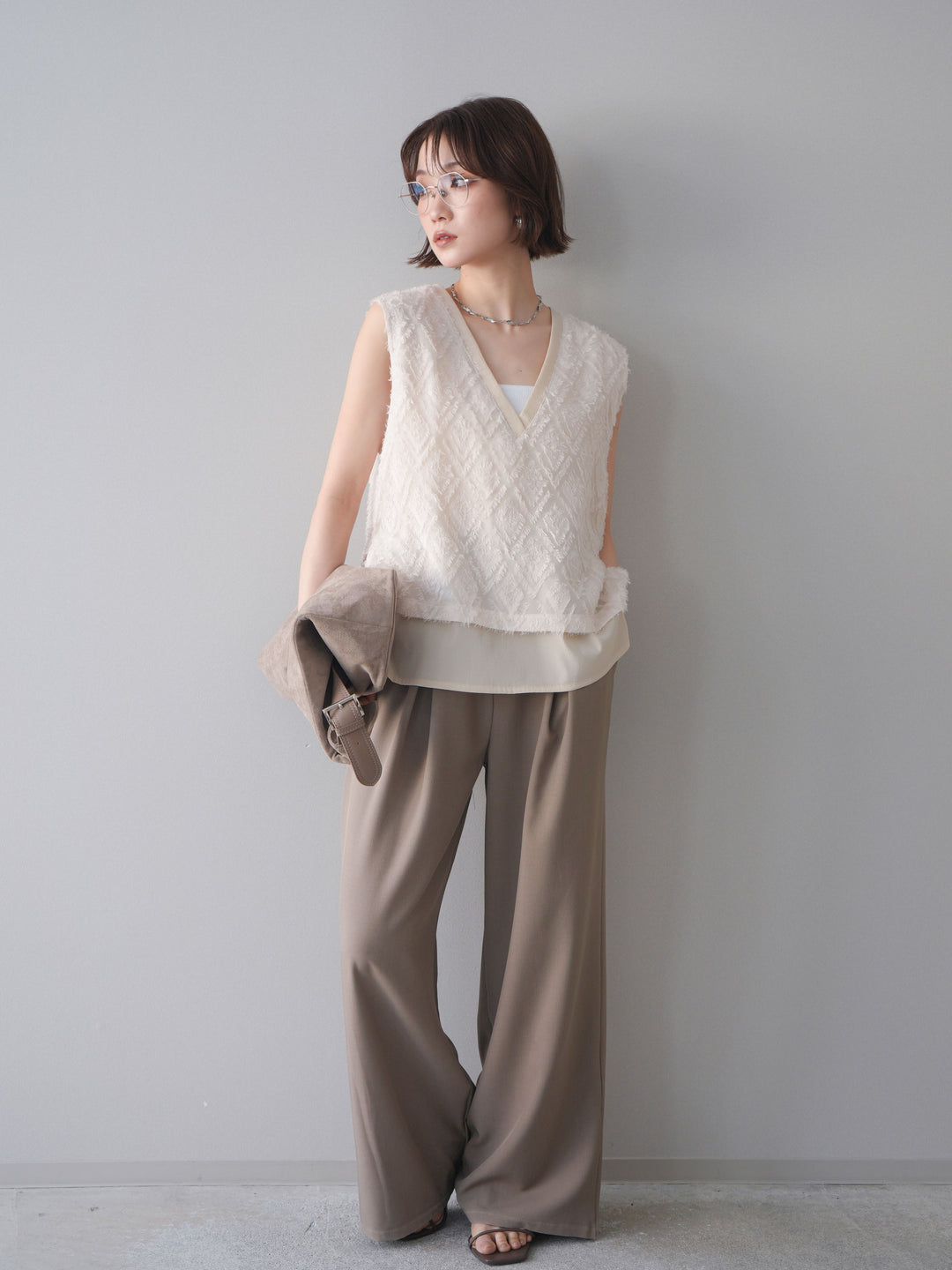 [SET]フリンジレイヤードVネックノースリーブ+選べるアクセセット(2set)